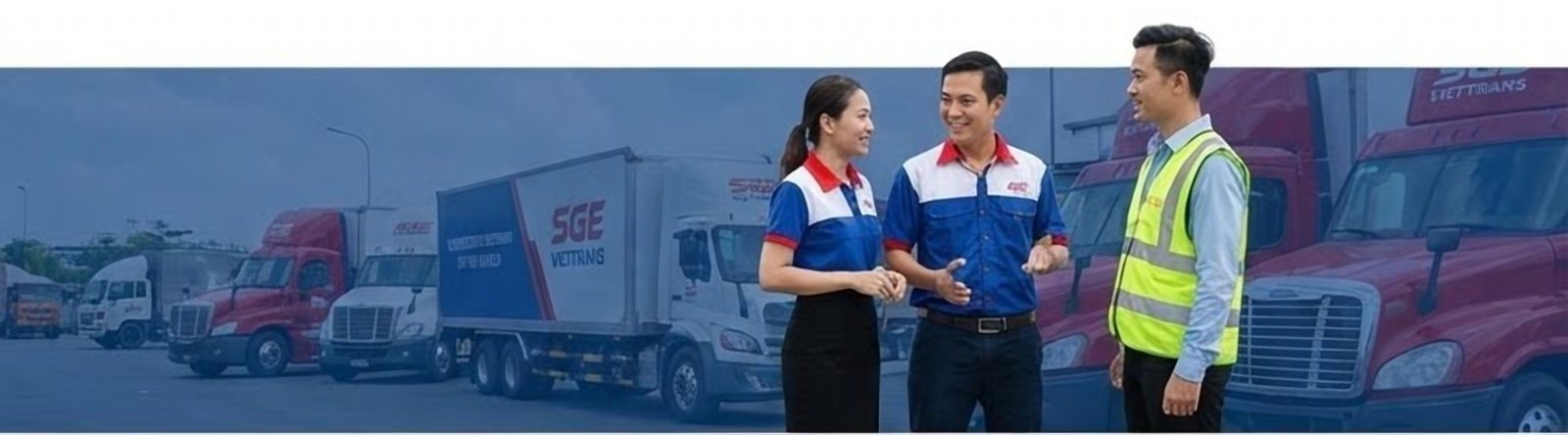 Nhân viên SGE Viettrans đứng trò chuyện trước đội xe tải