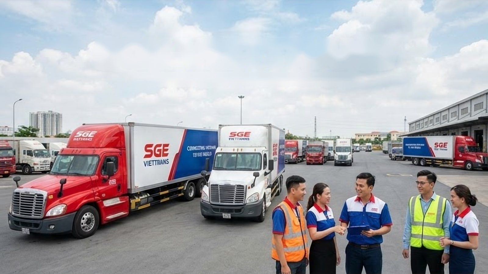 Đội xe tải SGE Viettrans và nhân viên mặc đồng phục tại bãi xe